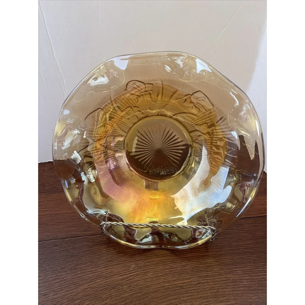 Vintage Marigold Carnival Glass Ruffled Bowl Iridescent Floral Pattern 9‎ Inch